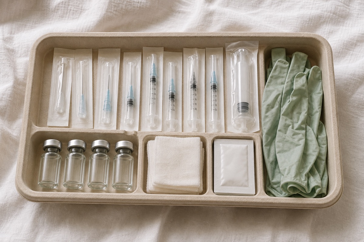 A tidy tray of sealed single-use needles, syringes and vials on white linen